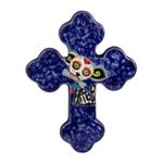 Ceramic wall cross, 'Catrina Pup' - Hand Painted Dog-Themed Ceramic Wall Cross