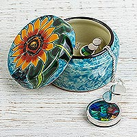 Joyero de cerámica, 'Girasol brillante' - Joyero de cerámica con girasol pintado a mano