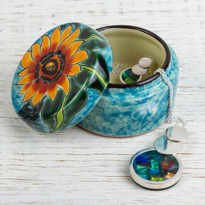 Curated gift box, 'Oaxacan Shawl' - Gift Box Ivory & Blue Shawl-Ceramic Box-Heart Necklace