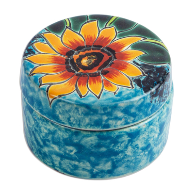 Ceramic jewelry box, 'Brilliant Sunflower' - Hand Painted Sunflower Ceramic Jewelry Box