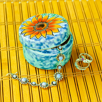 Curated gift box, 'Oaxacan Shawl' - Gift Box Ivory & Blue Shawl-Ceramic Box-Heart Necklace