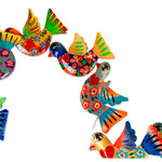 Aluminum decorative garland, 'Festive Doves' - Handcrafted Hand Painted Garland of Floral Mexican Birds