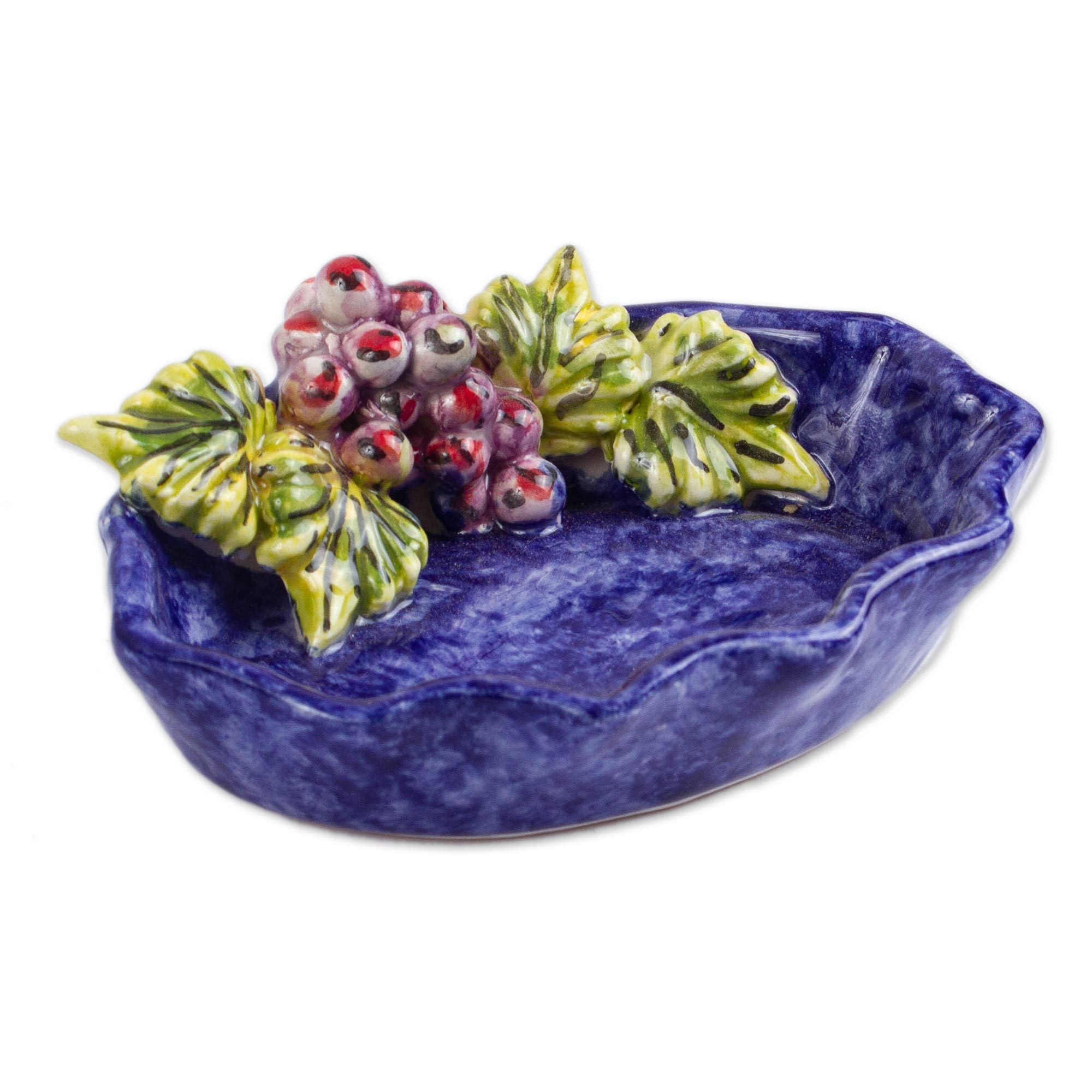 Hand Crafted Ceramic Snack Bowl with Grapes Vineyard Harvest NOVICA