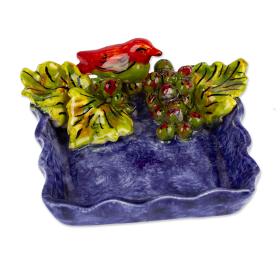 Ceramic snack bowl, 'Vineyard Friend' - Majolica Ceramic Snack or Candy Bowl with Bird Motif