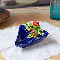 Ceramic snack bowl, 'Vineyard Vista' - Bird and Grape Themed Ceramic Snack Dish
