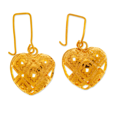 Gold plated bronze drop earrings, 'Chakana Hearts' - Gold Plated Bronze Chakana Heart Drop Earrings from Mexico