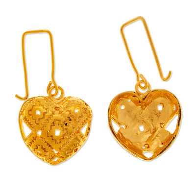 Gold plated drop earrings, 'Oaxacan Hearts' - Gold Plated Heart Drop Earrings from Oaxaca