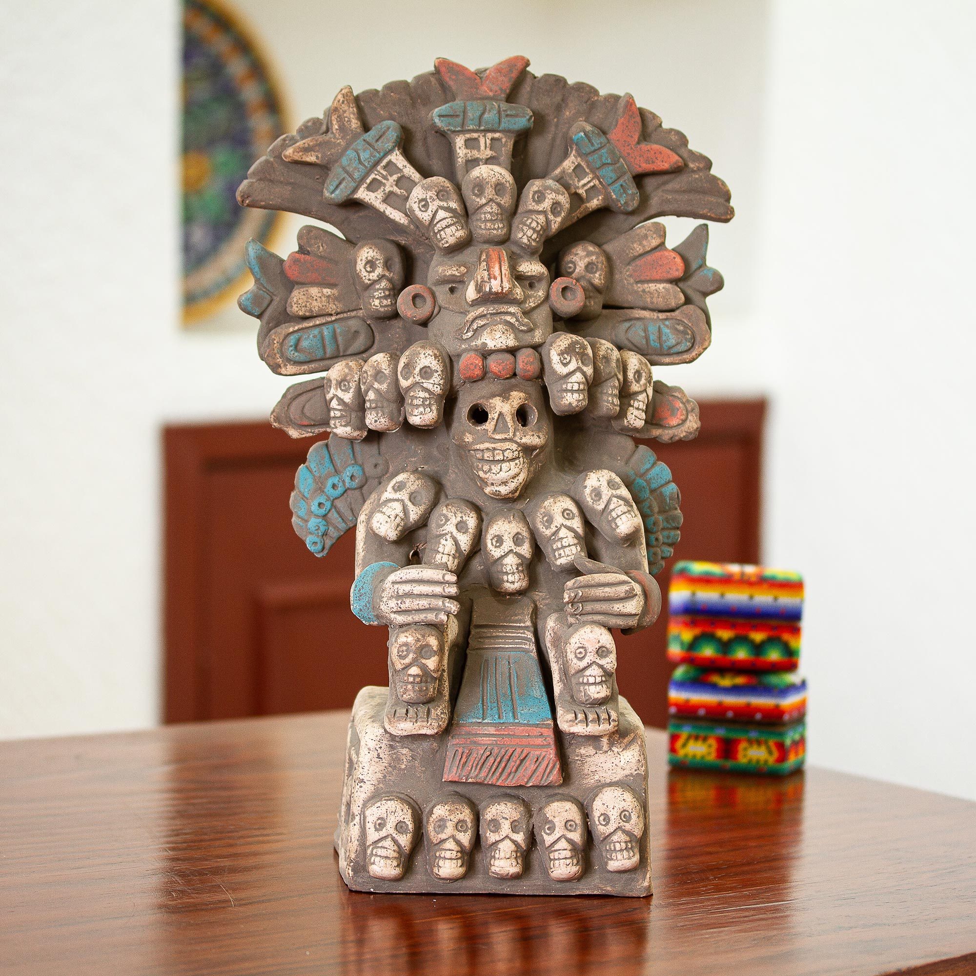 Aztec God of Underworld Handcrafted Ceramic Sculpture Seated