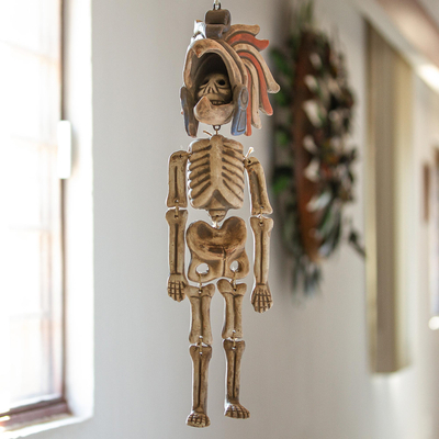 Ceramic sculpture, 'Eagle Skeleton Warrior' - Handcrafted Ceramic Hanging Sculpture Eagle Warrior Skeleton