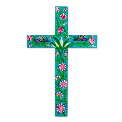 Wood cross, 'Gethsemane Roses' - Hand Painted Turquoise Wood Cross from Mexico