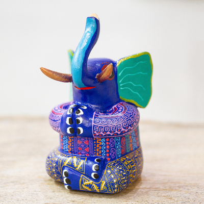 Wood alebrije figurine, 'Lotus Elephant' - Elephant Alebrije Figurine in Lotus Position