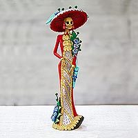 Escultura de cerámica - Escultura de Catrina de cerámica hecha a mano y pintada