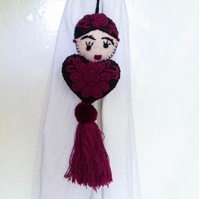 Wool decor accent, 'Frida's Burgundy Heart' - Embroidered Frida Kahlo Wool Ornament from Mexico