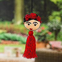 Wool decor accent, 'Frida's Crimson Heart' - Frida Kahlo Embroidered Wool Ornament from Mexico