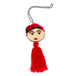 Wool ornament, 'Frida's Crimson Gown' - Frida Kahlo Embroidered Wool Ornament from Mexico