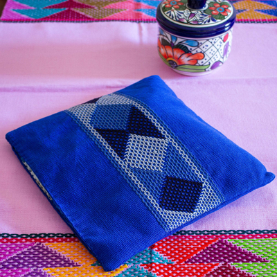 Tortillawärmer aus Baumwolle, 'Agua Azul'. - Handgewebter Tortilla-Wärmer aus blauer Baumwolle aus Mexiko