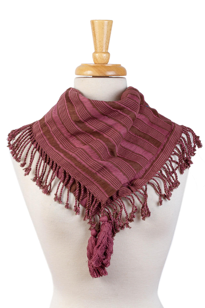 Cotton scarf, 'Maya Rosewood' - Backstrap Loom Handwoven Brown and Mulberry Cotton Scarf