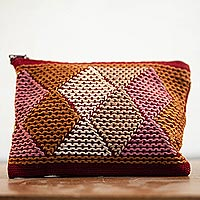 Cotton coin purse, 'Dusty Rose Diamonds' - Handwoven Beige and Brown Cotton Coin Purse from Mexico