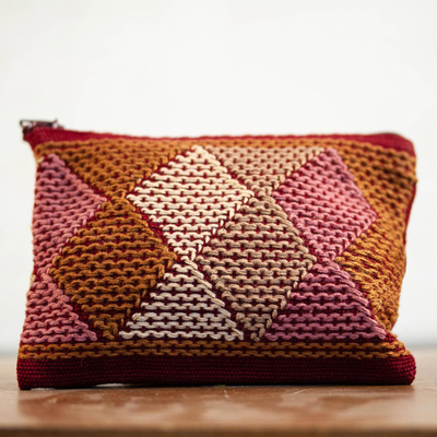 Cotton coin purse, 'Dusty Rose Diamonds' - Handwoven Beige and Brown Cotton Coin Purse from Mexico