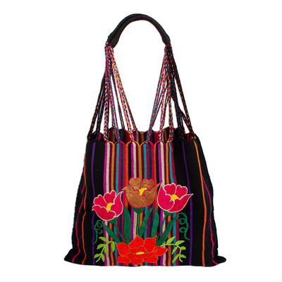 Umhängetasche aus Baumwolle - Handgewebte mexikanische Morral-Tasche aus schwarzer Baumwolle mit Mohn-Stickerei