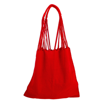 Cotton shoulder bag, 'Chili Red Garden' - Bright Embroidered Handwoven Red Cotton Mexican Morral Tote
