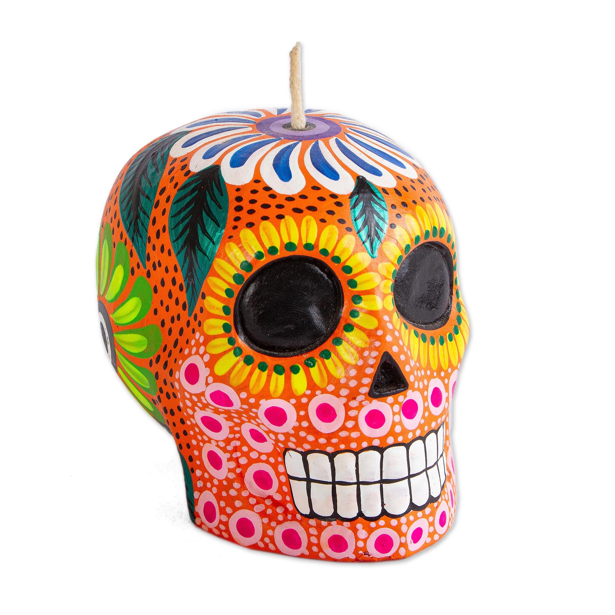 Hand Painted Mexican Day of the Dead Skull Candle Colorful Orange Skull NOVICA