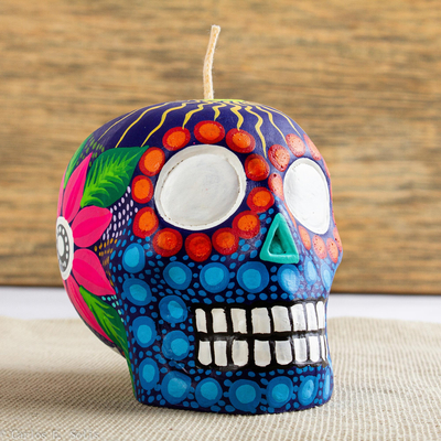 Candle, 'Colorful Purple Skull' - Hand Painted Mexican Day of the Dead Purple Skull Candle