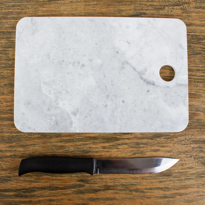 Marble cheese board, 'Mesa in White' - White and Grey Marble Cutting Board Handmade in Mexico