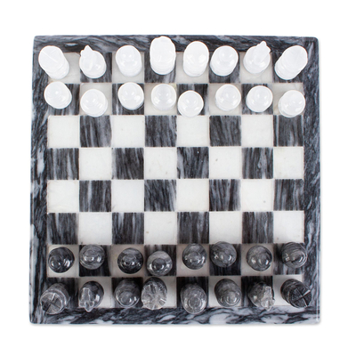 Marble and onyx mini chess set, 'White and Ash' - Mexican White Onyx and Charcoal Grey Marble Mini Chess Set