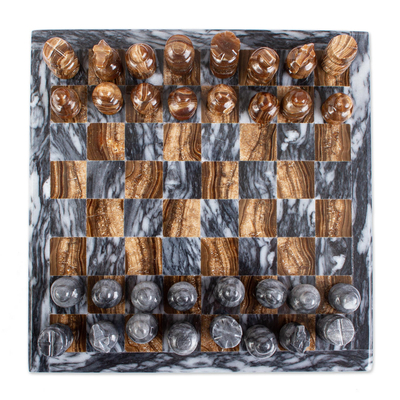 Marble and onyx mini chess set, 'Earth Challenge' - Onyx and Marble Mini Chess Set Handcrafted in Mexico