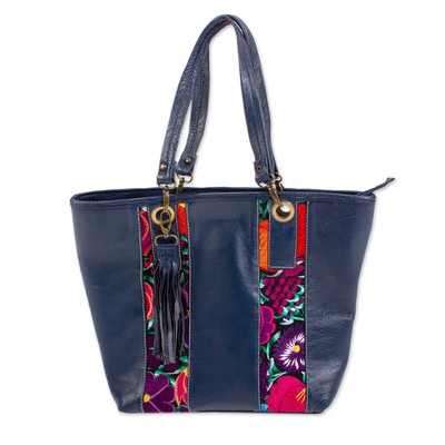 Embroidered Blue Leather Tote Handbag from Mexico