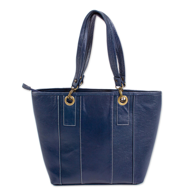 Cotton accent leather tote, 'Blue Chiapas Beauty' - Embroidered Blue Leather Tote Handbag from Mexico