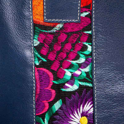Cotton accent leather tote, 'Blue Chiapas Beauty' - Embroidered Blue Leather Tote Handbag from Mexico