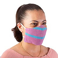 Baumwoll-Gesichtsmasken, „Zapotec Dawn“ (Paar) – 2 handgewebte Stirnband-Gesichtsmasken aus Baumwolle in Flieder und Blaugrün