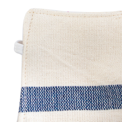 Cotton face masks, 'Quiet Serenity' (pair) - 2 Handwoven Ivory and Blue Cotton Elastic Band Face Masks