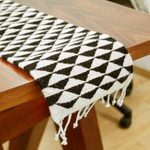 Wool table runner, 'Mountains of Teotitlán' (39 inch) - Black and Ecru Triangle Motif Table Runner (39 Inch)