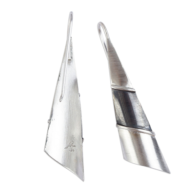 Silver drop earrings, 'Modern Pyramid' - Matte Fine Silver Signed Modern Drop Earrings