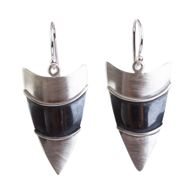 Silver dangle earrings, 'Sharp as an Arrow' - Matte Fine Silver Signed Geometric Dangle Earrings