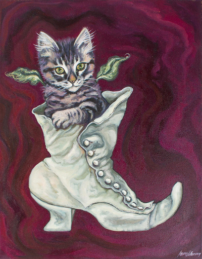 Original Signed Surrealist Cat Painting