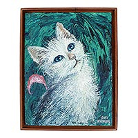'Dreamy Cat I' - Pintura original enmarcada de gato blanco
