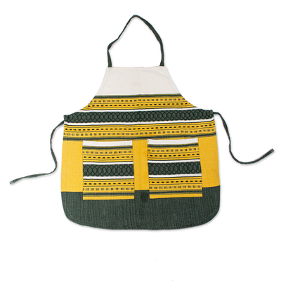 Cotton apron, 'Green Country Kitchen' - Handwoven Green and Yellow Cotton Apron with Pockets
