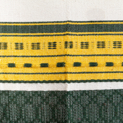 Cotton apron, 'Green Country Kitchen' - Handwoven Green and Yellow Cotton Apron with Pockets
