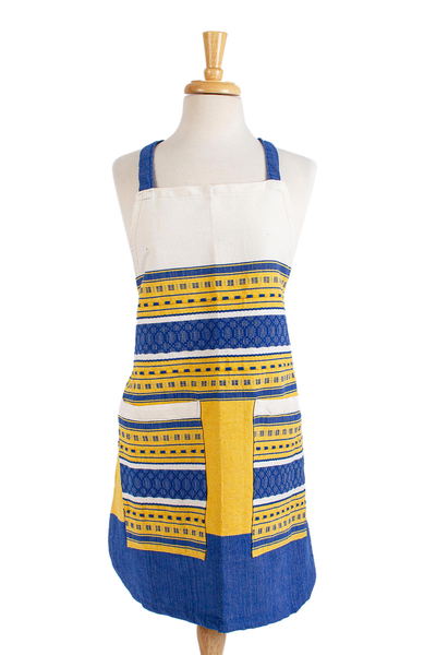 Cotton apron, 'Blue Country Kitchen' - Handwoven Blue and Yellow Cotton Apron with Pockets