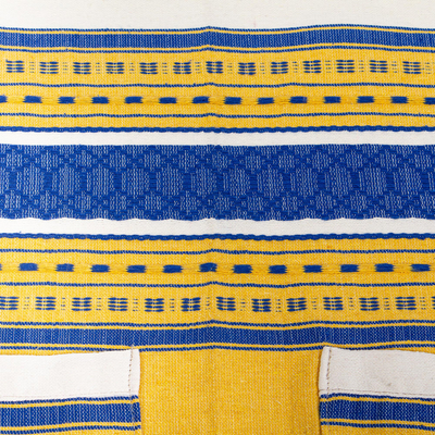 Baumwollschürze, 'Blue Country Kitchen - Handgewebte blaue und gelbe Baumwollschürze mit Taschen