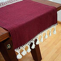 Cotton table runner, 'Burgundy Zapotec Tradition' - Zapotec Handwoven Burgundy  and Ivory Cotton Table Runner