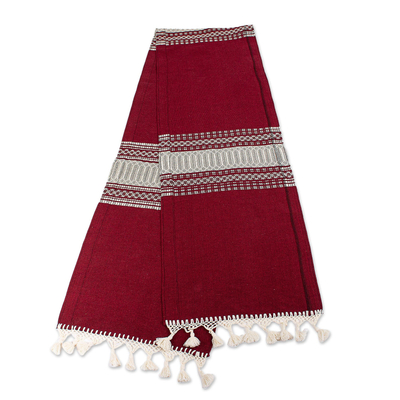 Camino de mesa de algodón - Camino de mesa zapoteca tejido a mano en algodón burdeos y marfil