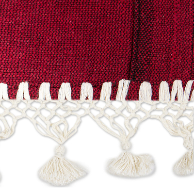 Camino de mesa de algodón - Camino de mesa zapoteca tejido a mano en algodón burdeos y marfil