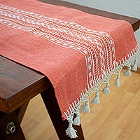 Cotton table runner, 'Red Village Geraniums' - Handwoven Geometric Motif Red & Ivory Cotton Table Runner