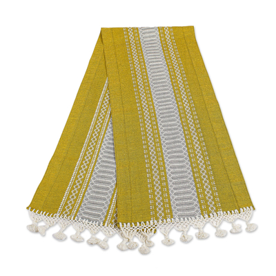 Cotton table runner, 'Zapotec Goldenrod' - Handwoven Yellow- Ivory Cotton Zapotec Table Runner