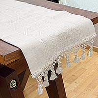 Cotton table runner, 'Zapotec Alabaster' - Handwoven Textured Ivory Cotton Zapotec Table Runner